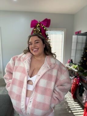 Fabletics Cozy Pink Check Sherpa Jacket - Women